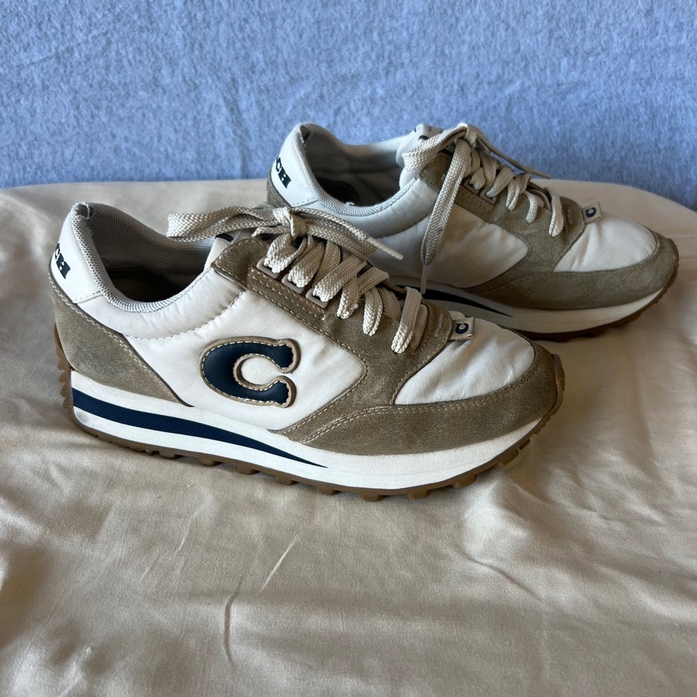 Coach Women Retro Runner Sneakers Cream Tan Suede Nylon Low Top Shoes